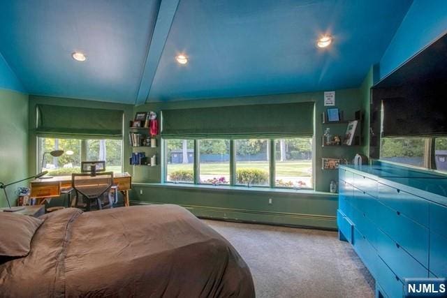 bedroom with recessed lighting, a baseboard heating unit, carpet, and vaulted ceiling