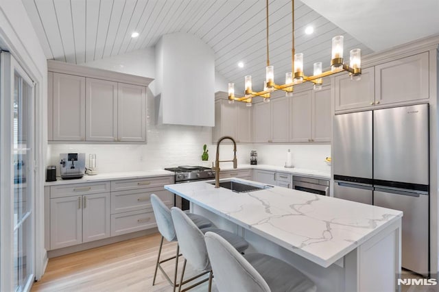 kitchen with a sink, lofted ceiling, appliances with stainless steel finishes, and wooden ceiling