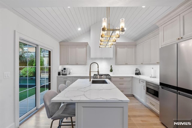 kitchen with a kitchen bar, a kitchen island with sink, a sink, stainless steel appliances, and vaulted ceiling