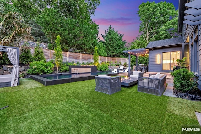 view of yard featuring an outdoor living space, a fenced backyard, an outdoor pool, a pergola, and a patio area