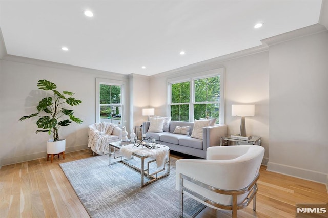 living room featuring crown molding, light wood-style flooring, and plenty of natural light