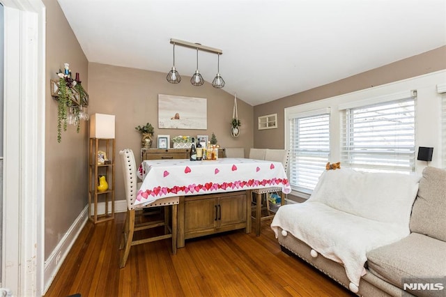 bedroom featuring dark wood finished floors, baseboards, and vaulted ceiling