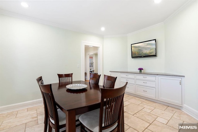 dining area with recessed lighting, baseboards, stone tile floors, and crown molding