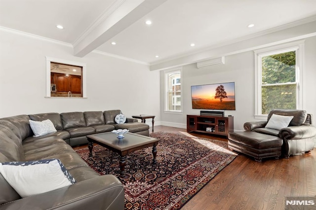 living area with a wall mounted air conditioner, wood finished floors, a wealth of natural light, and ornamental molding