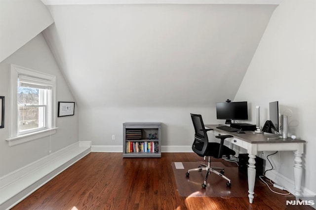 office with vaulted ceiling, wood finished floors, and baseboards