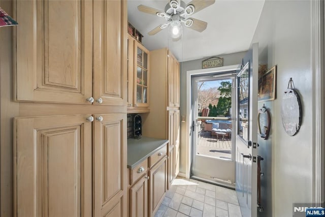 doorway to outside with a ceiling fan