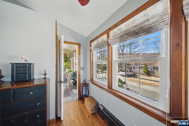 interior space featuring light wood finished floors and vaulted ceiling