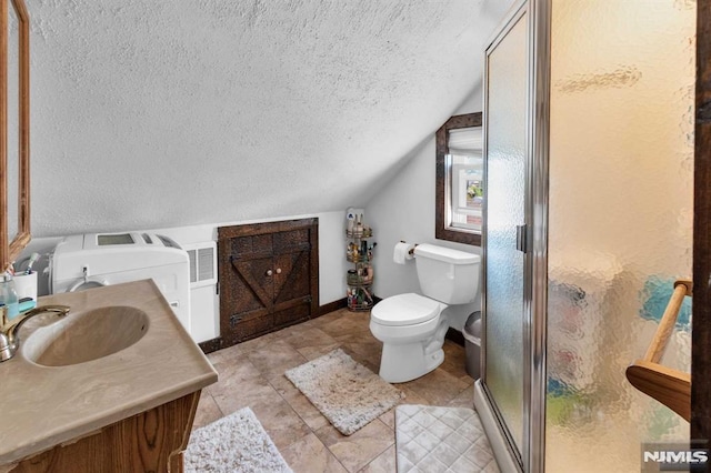 full bathroom with baseboards, lofted ceiling, a shower stall, a textured ceiling, and toilet