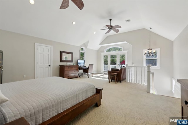 carpeted bedroom with visible vents, ceiling fan with notable chandelier, high vaulted ceiling, and access to exterior