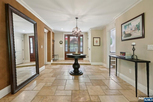 dining area featuring crown molding, a notable chandelier, recessed lighting, baseboards, and stone tile flooring