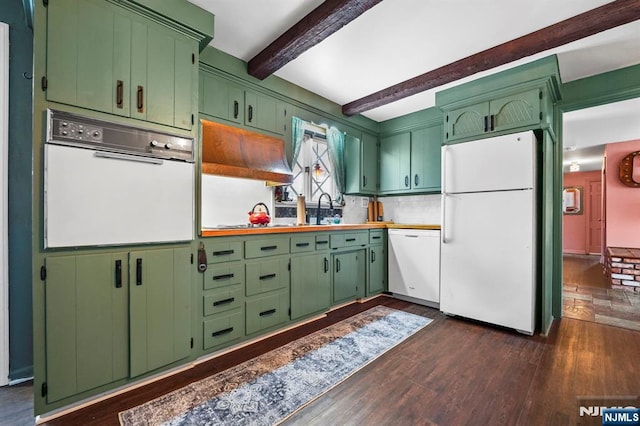 kitchen with green cabinets, beamed ceiling, decorative backsplash, white appliances, and dark wood-style flooring