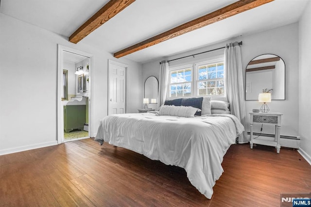 bedroom featuring wood finished floors, baseboards, ensuite bath, a baseboard heating unit, and beamed ceiling