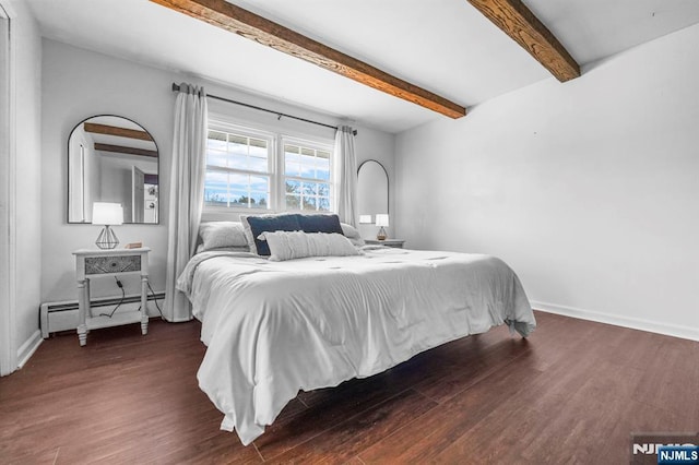 bedroom with dark wood-style floors, baseboard heating, baseboards, and beam ceiling