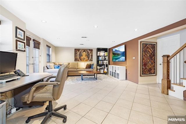 home office with light tile patterned floors and recessed lighting