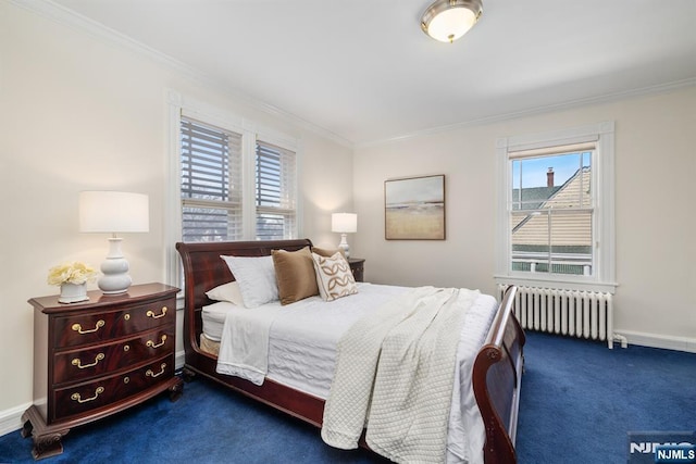 bedroom featuring baseboards, carpet, radiator heating unit, and crown molding