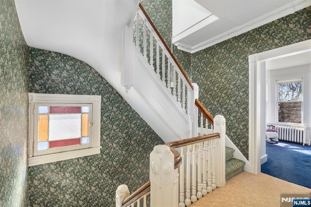 staircase with radiator, ornamental molding, carpet flooring, and wallpapered walls