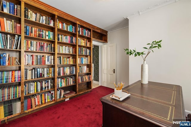 home office featuring crown molding, wall of books, and carpet floors