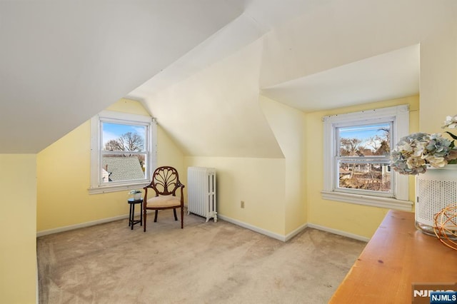 living area with carpet flooring, plenty of natural light, radiator heating unit, and baseboards