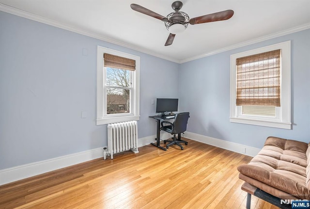 office area featuring baseboards, radiator heating unit, ceiling fan, crown molding, and light wood-type flooring