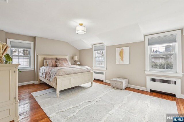 bedroom featuring vaulted ceiling, multiple windows, and radiator heating unit