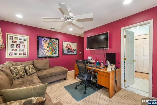 office space with recessed lighting, visible vents, and ceiling fan