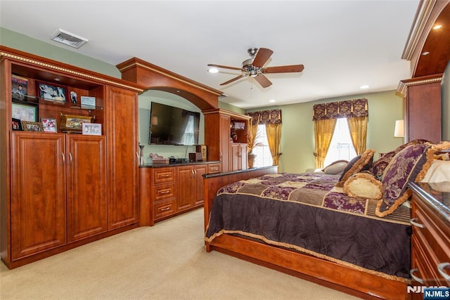 bedroom with recessed lighting, visible vents, and light colored carpet