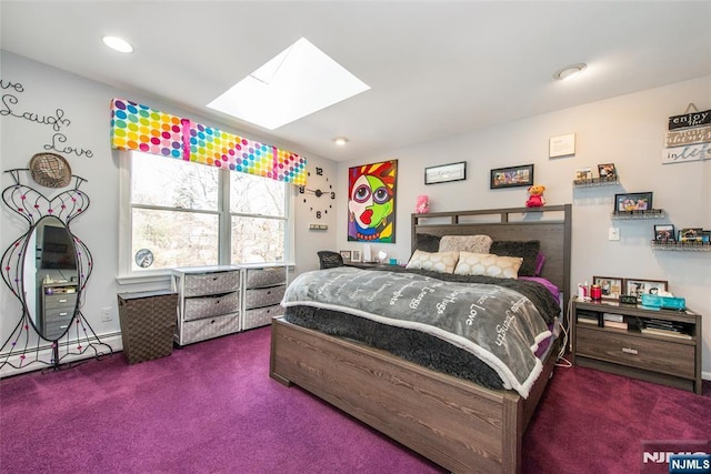 carpeted bedroom with recessed lighting and a skylight