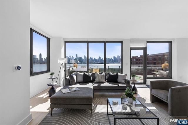 living area with a city view, wood finished floors, and baseboards