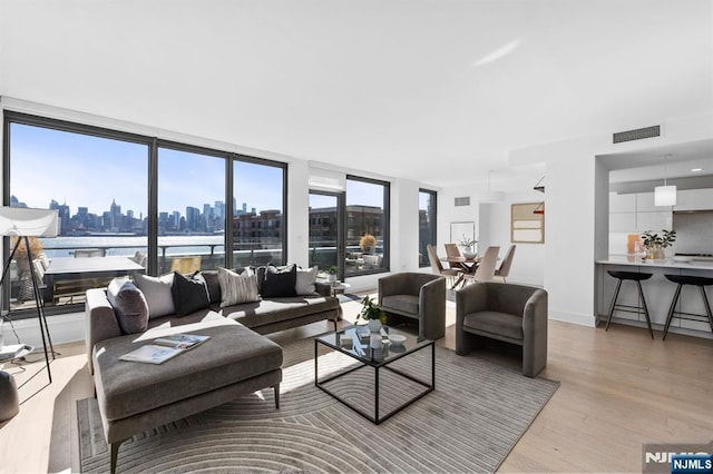 living area featuring visible vents, a view of city, light wood-style floors, and baseboards