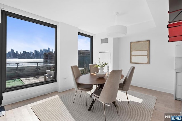 dining room with a city view, wood finished floors, visible vents, and baseboards