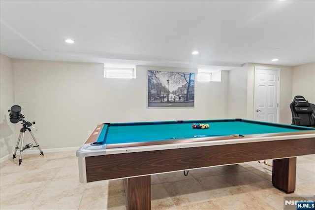 recreation room with recessed lighting, baseboards, and pool table