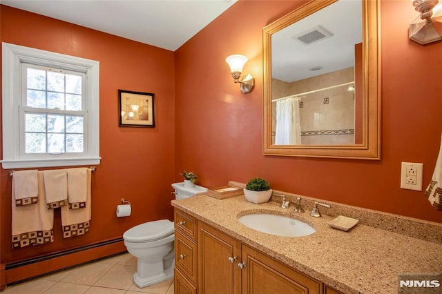 bathroom with visible vents, a shower with shower curtain, tile patterned floors, vanity, and a baseboard radiator