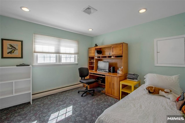 bedroom with recessed lighting, visible vents, and baseboard heating