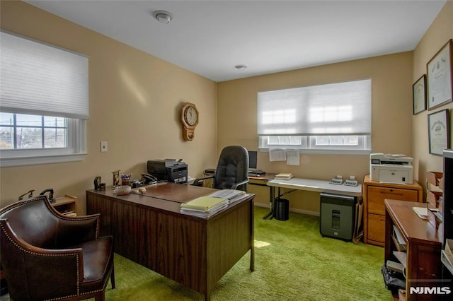 office with baseboards and light carpet