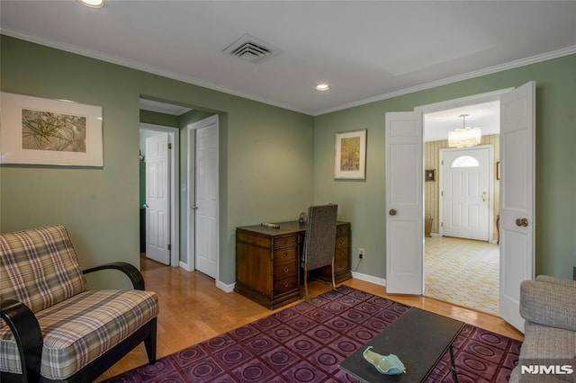 office area featuring baseboards, visible vents, light wood-style flooring, recessed lighting, and ornamental molding