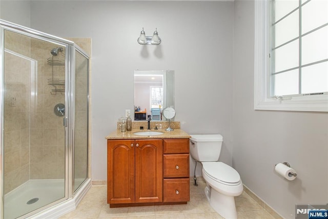 bathroom with toilet, a healthy amount of sunlight, and a shower stall