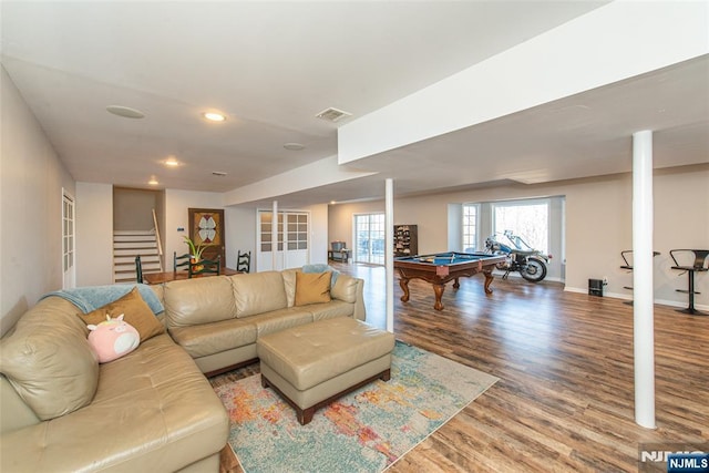 living room featuring visible vents, stairway, recessed lighting, wood finished floors, and billiards