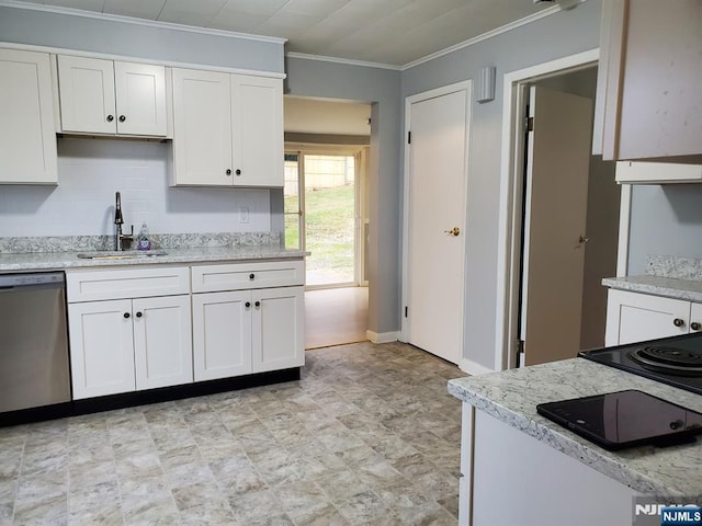 kitchen featuring dishwasher, white cabinets, ornamental molding, and a sink