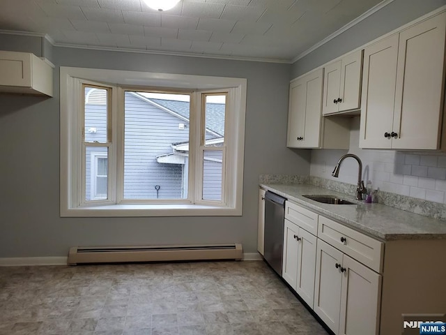 kitchen with dishwasher, a healthy amount of sunlight, baseboard heating, and a sink