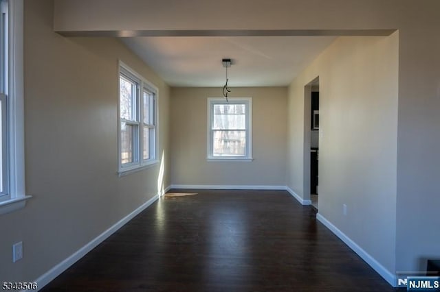 unfurnished dining area featuring dark wood-style floors and baseboards