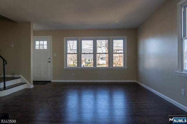 entryway featuring baseboards, dark wood-style flooring, and a wealth of natural light