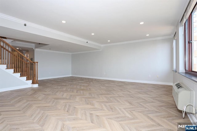 empty room featuring recessed lighting, stairs, baseboards, and ornamental molding