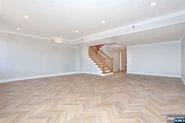 empty room with recessed lighting, stairs, and baseboards