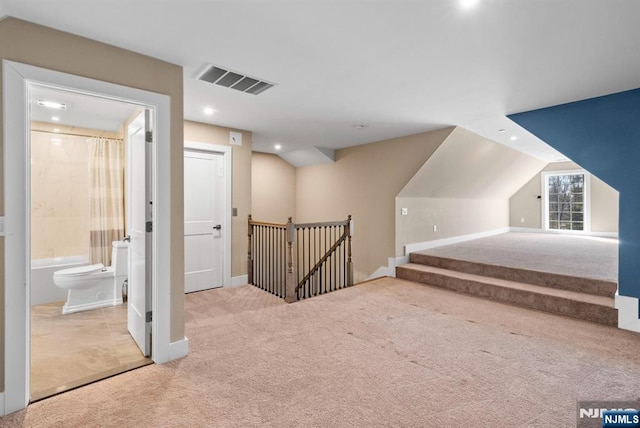 bonus room with visible vents, recessed lighting, baseboards, carpet flooring, and lofted ceiling