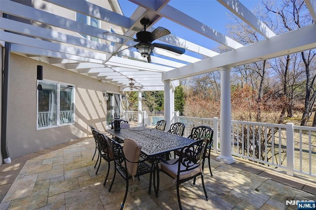 view of patio with a pergola, outdoor dining area, and a ceiling fan