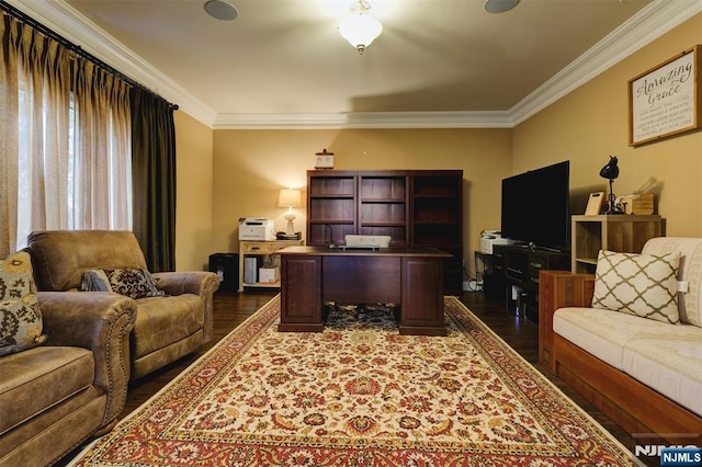 office space featuring crown molding and dark wood-type flooring