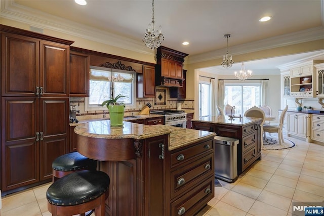 kitchen featuring backsplash, a kitchen island, an inviting chandelier, stainless steel stove, and plenty of natural light