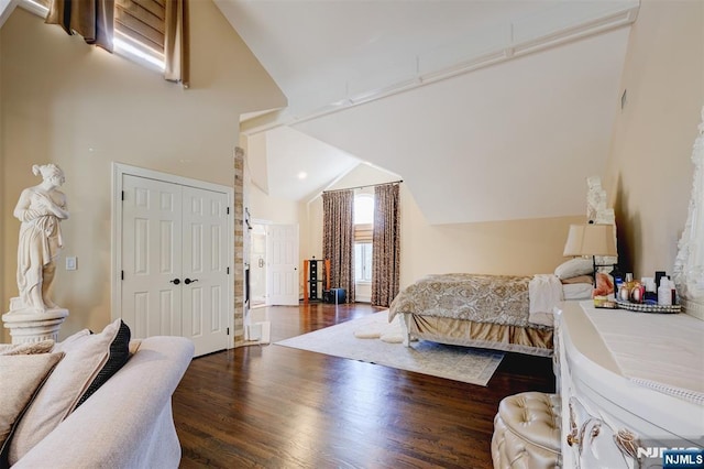 bedroom featuring wood finished floors, a closet, and high vaulted ceiling