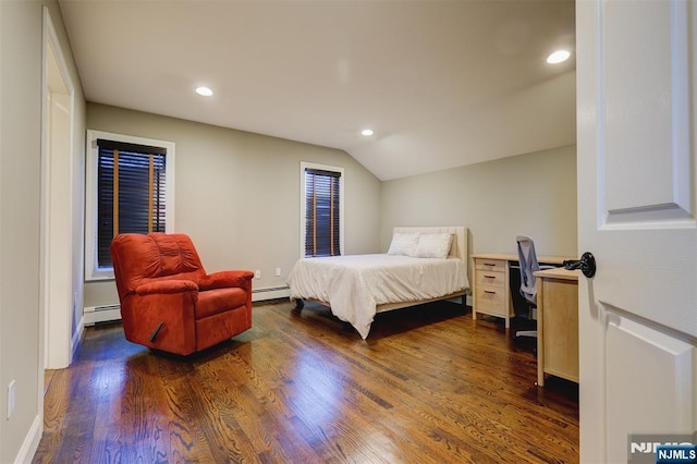 bedroom featuring dark wood-style flooring, a baseboard heating unit, lofted ceiling, and a baseboard radiator