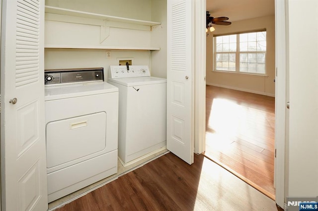 laundry room with washer and dryer, a ceiling fan, dark wood-style flooring, and laundry area